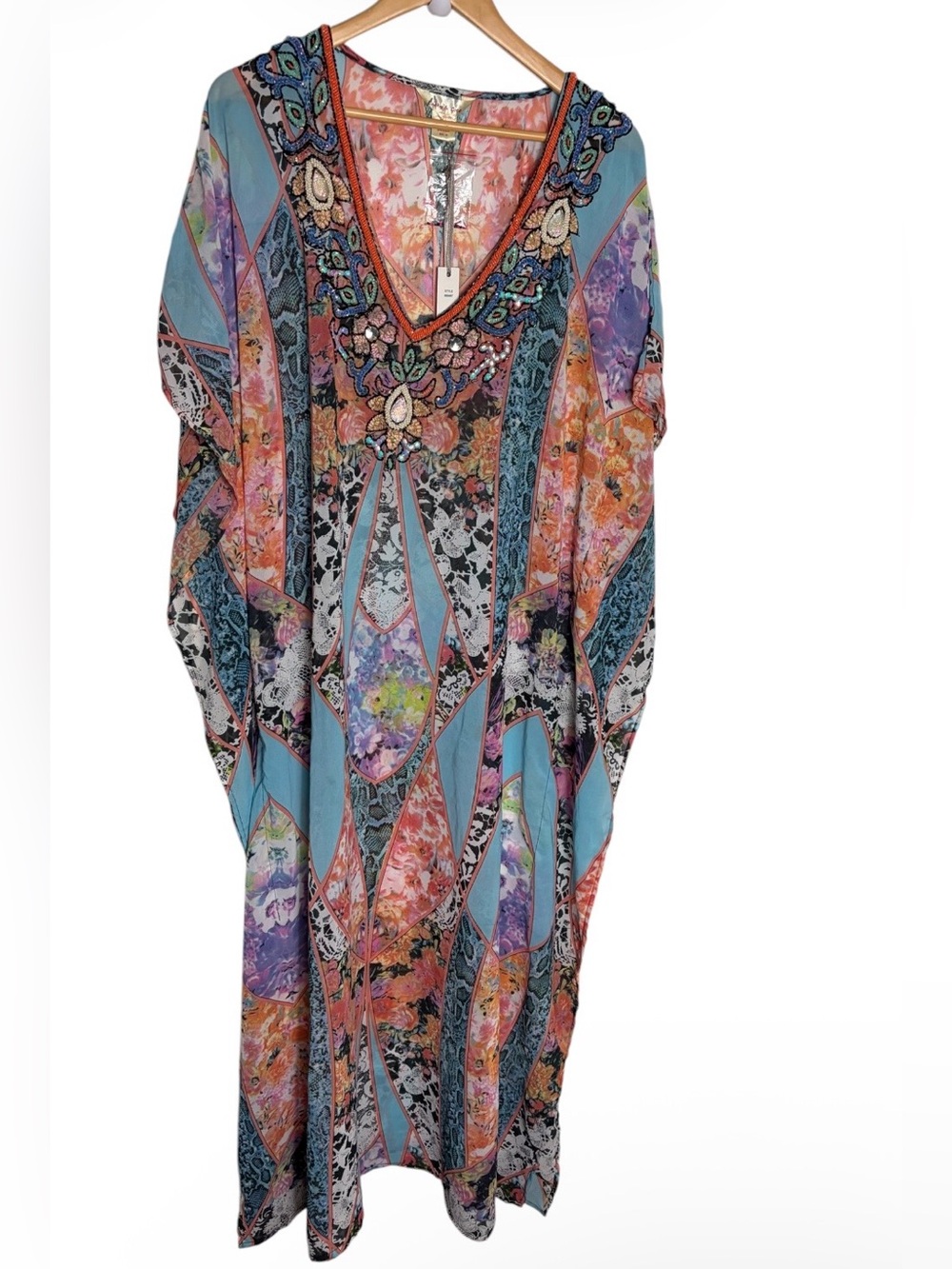 NWT Lucky & Coco beaded kaftan maxi dress cover up with mixed abstract floral M